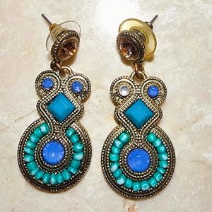 Turquoise and blue bead circle and diamond shape post drop earrings